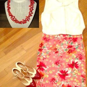 Coral Floral Pencil Skirt (NWOT) and Red Bead Necklace